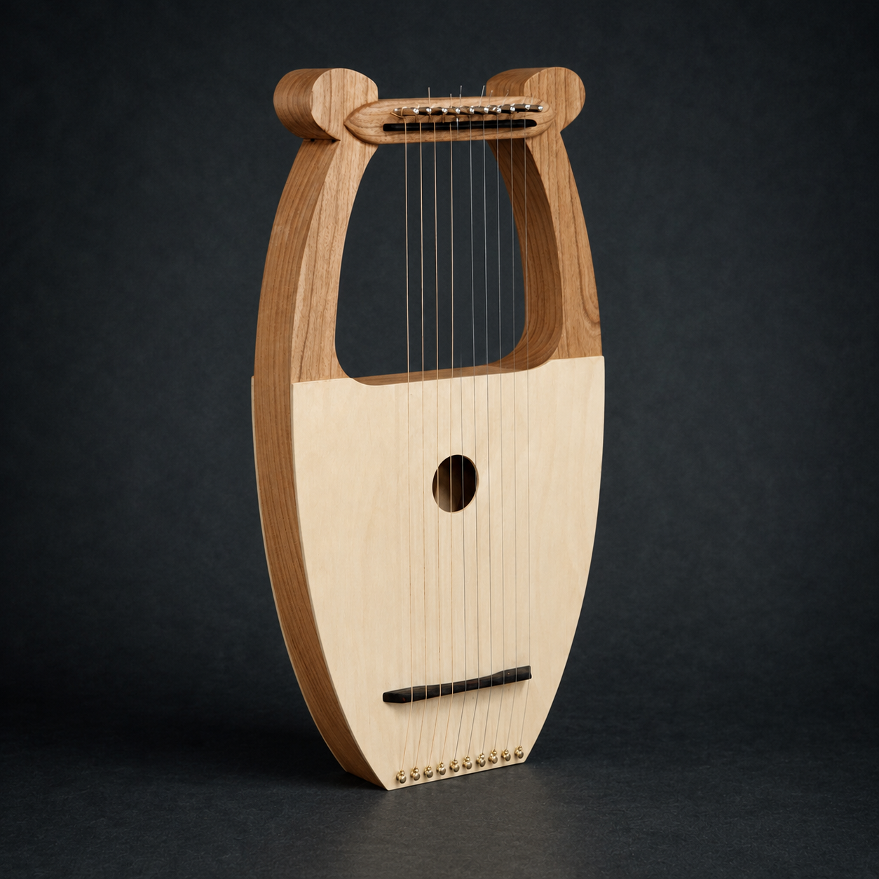 Three-quarter left view of the handmade David’s Harp 10-string lyre