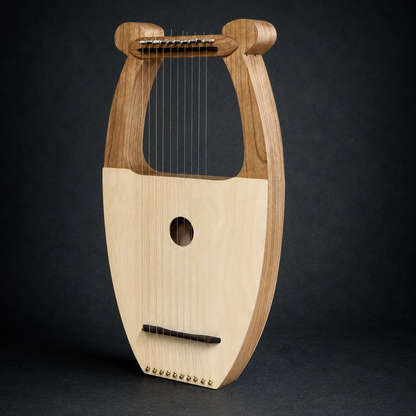 Three-quarter right view of David’s Harp showing its wooden frame and soundboard
