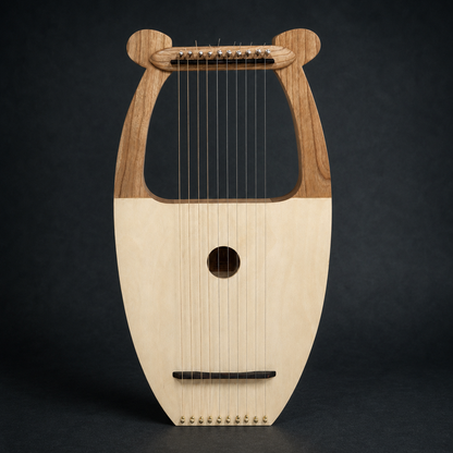 Front view of David’s Harp, a handmade 10-string lyre from Moravian Falls, North Carolina