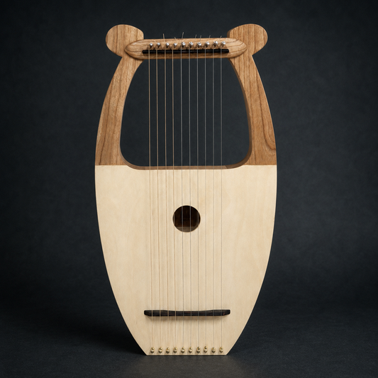 Front view of David’s Harp, a handmade 10-string lyre from Moravian Falls, North Carolina