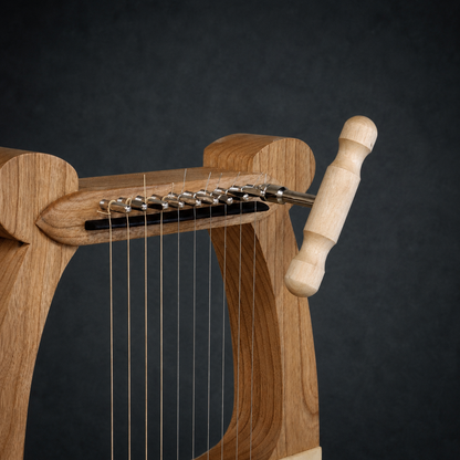 Close-up of the tuning pins, strings, and handcrafted upper frame of David’s Harp