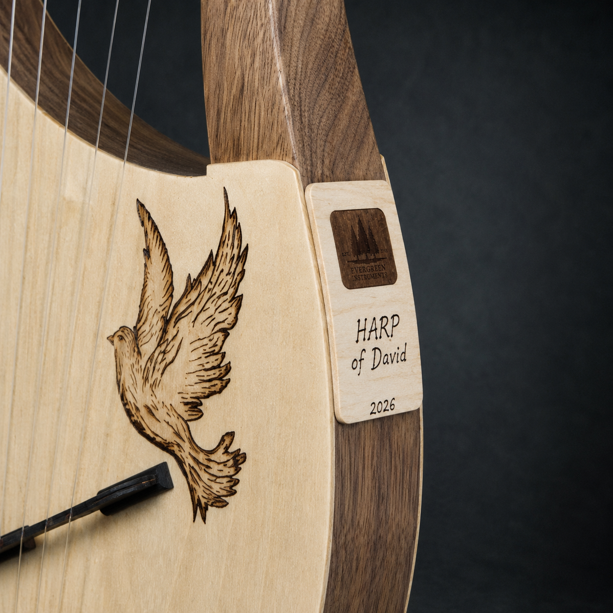 Dove engraving and handmade Harp of David nameplate dated 2026