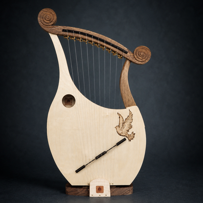 Front view of the handmade 10-string Harp of David displayed on its matching wood stand