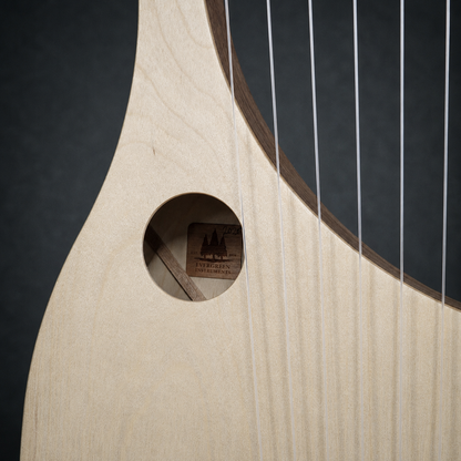 Close-up of the sound hole and Evergreen Instruments maker label inside the Harp of David